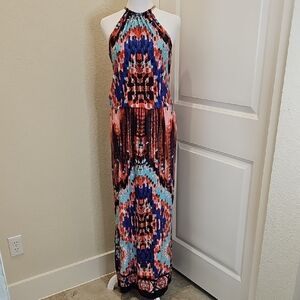 MSK Red Blue Sleevelss Maxi Halter Dress with Gold-toned Necklace Collar Sz M